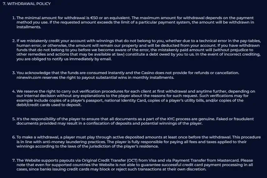 Ninewin Terms withdrawal policy showing the minimum withdrawal and up to 72-hour processing window
