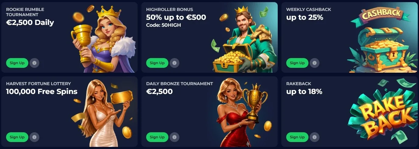 Ninewin promotions page with current Highroller, cashback, rakeback and reload cards