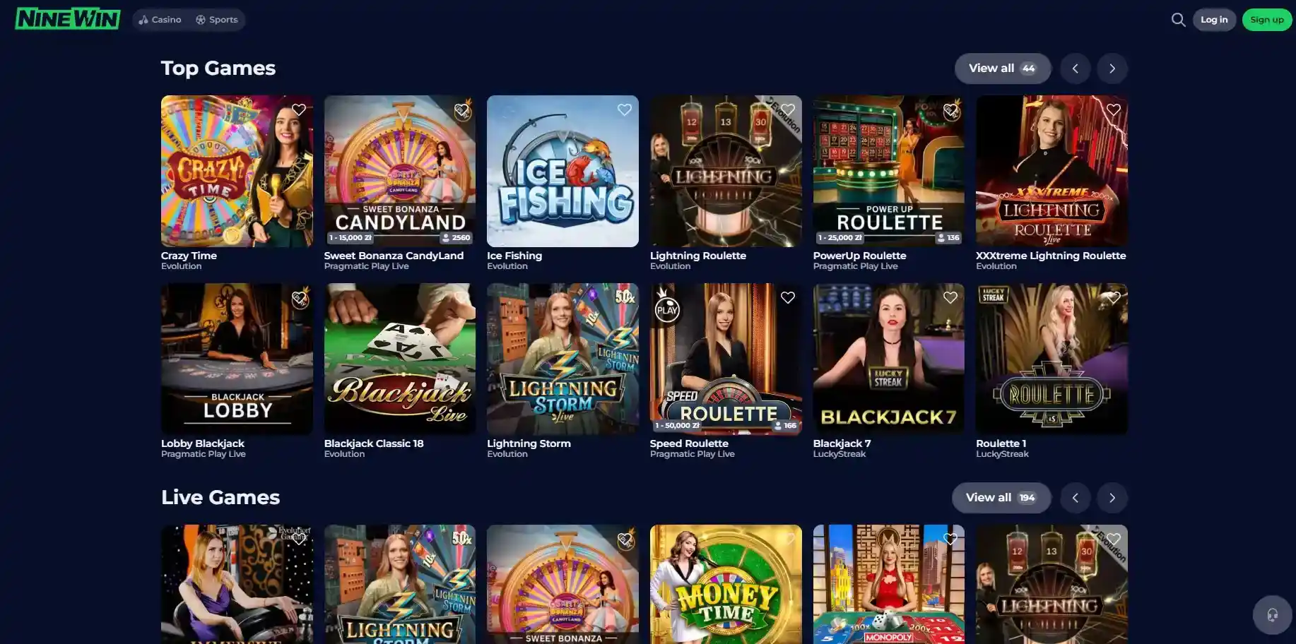 Current Ninewin live casino lobby showing Evolution roulette, blackjack and game show titles