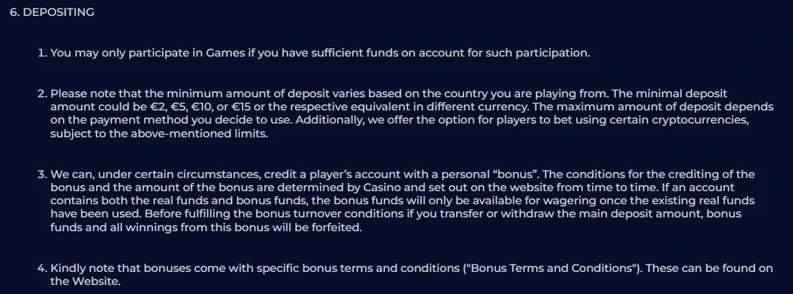 Ninewin Terms section covering variable minimum deposits and payment ownership rules
