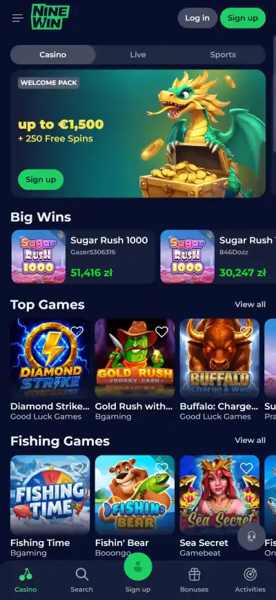 Current Ninewin casino site shown in a mobile browser viewport with responsive navigation and game access