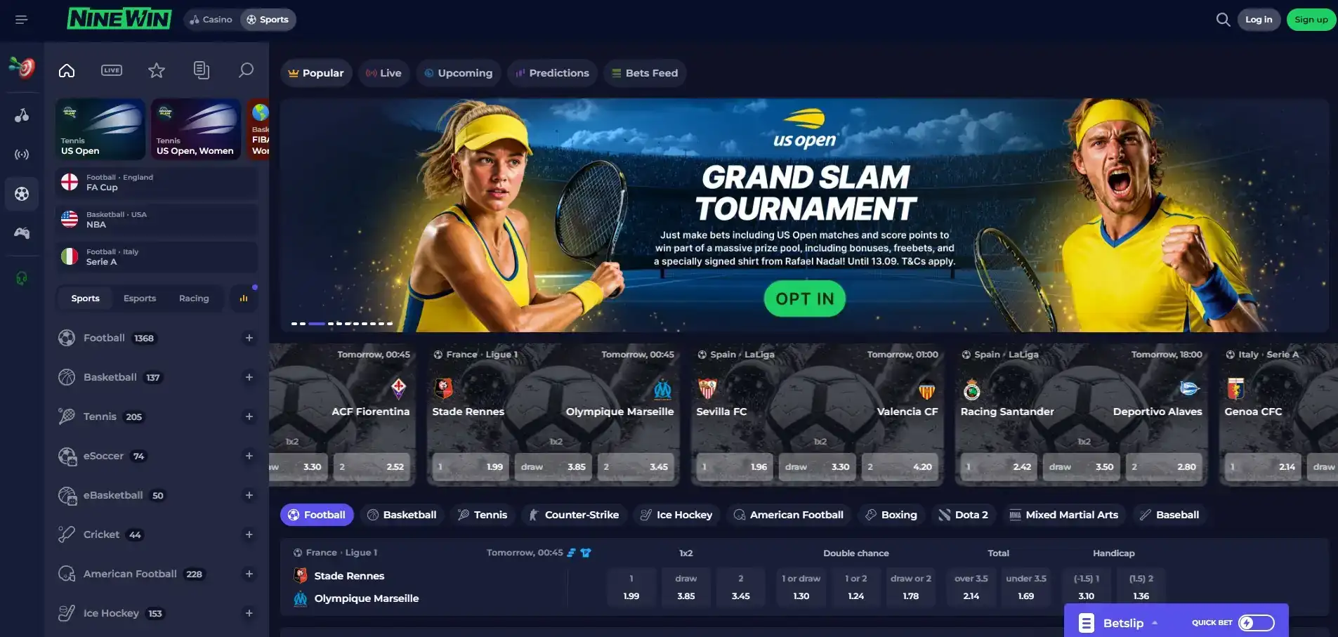 Current Ninewin sportsbook interface showing the sports betting area and market navigation