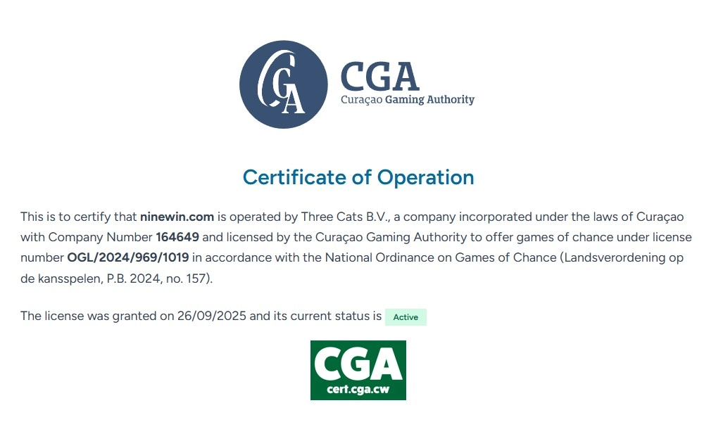Curaçao Gaming Authority certificate for ninewin.com showing Three Cats B.V., licence OGL/2024/969/1019 and Active status
