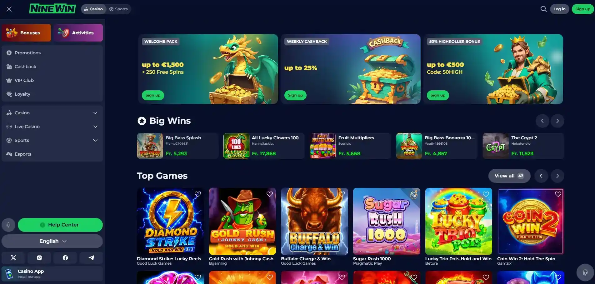 Ninewin casino lobby showing the main casino and sportsbook navigation and current game categories