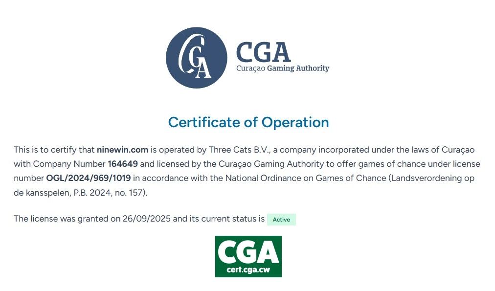 Curaçao Gaming Authority certificate for ninewin.com naming Three Cats B.V., licence OGL/2024/969/1019 and active status